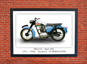 BSA C15 Classic Motorcycle in Blue and Chrome - A3/A4 Size Print Poster
