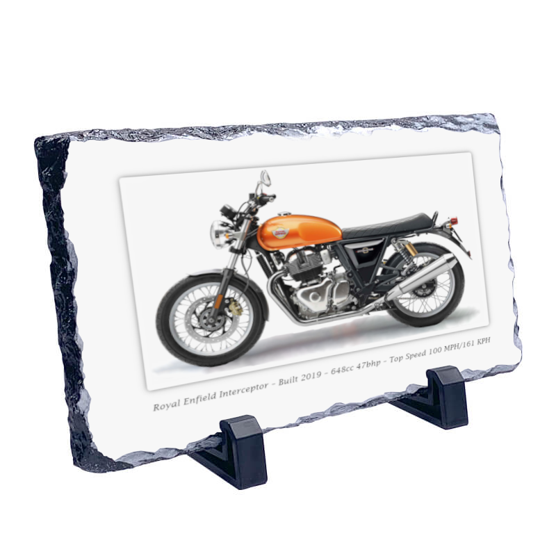 Royal Enfield Interceptor Motorcycle on a Natural slate rock with stand 10x15cm