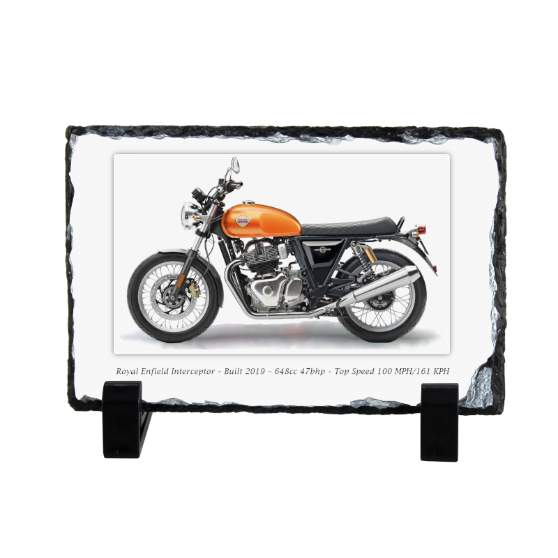 Royal Enfield Interceptor Motorcycle on a Natural slate rock with stand 10x15cm