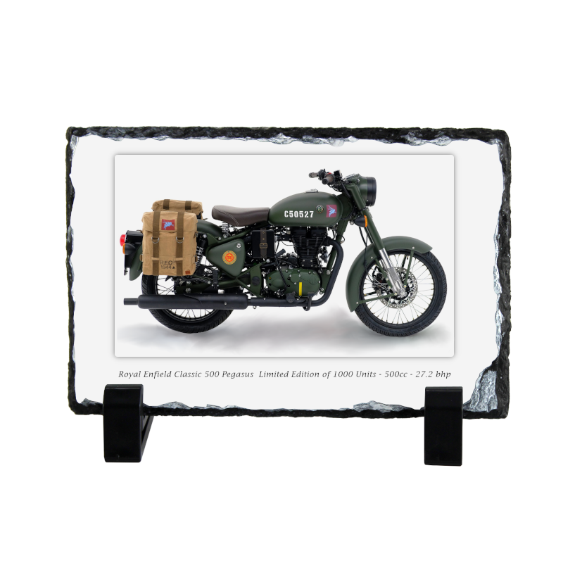 Royal Enfield Pegasus Motorcycle on a Natural slate rock with stand 10x15cm