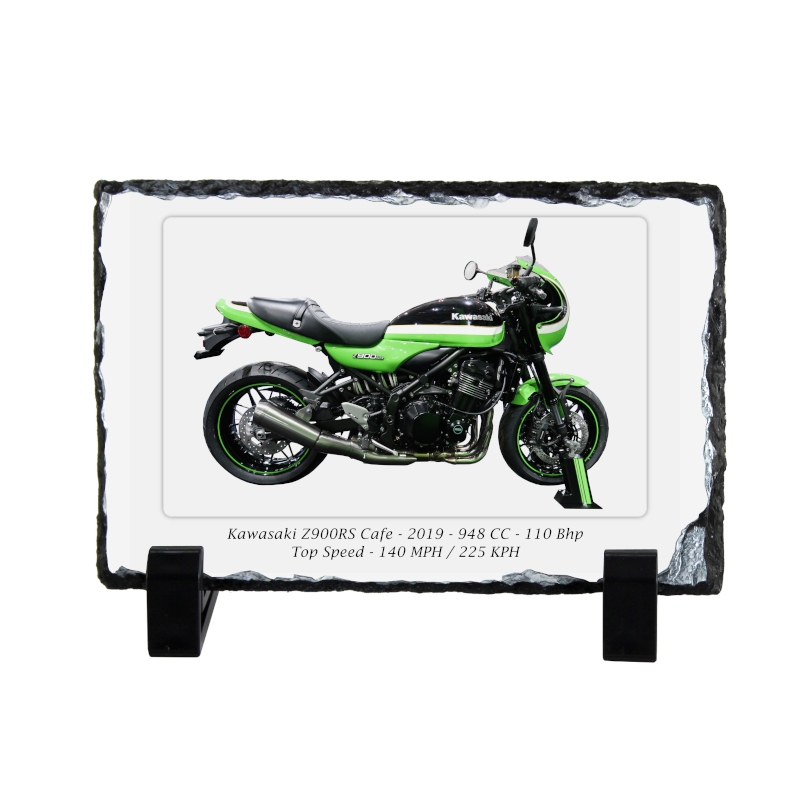 Kawasaki Z900RS Cafe Motorcycle on a Natural slate rock with stand 10x15cm