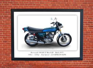 Kawasaki 500 H1 F Mach III Motorbike Motorcycle - A3/A4 Size Print Poster