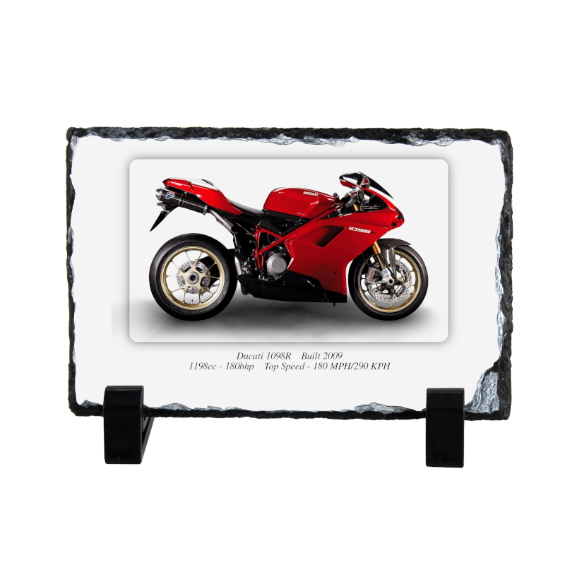 Ducati 1098R Motorcycle on a Natural slate rock with stand 10x15cm