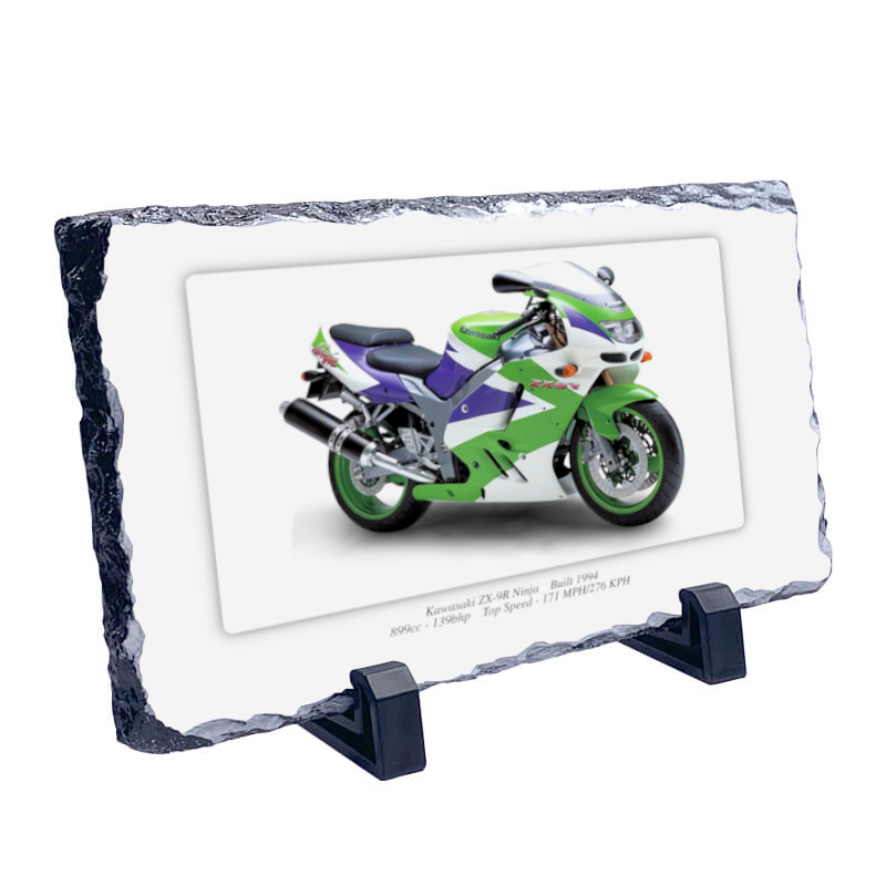 Kawasaki ZX-9R Ninja Motorcycle on a Natural slate rock with stand 10x15cm