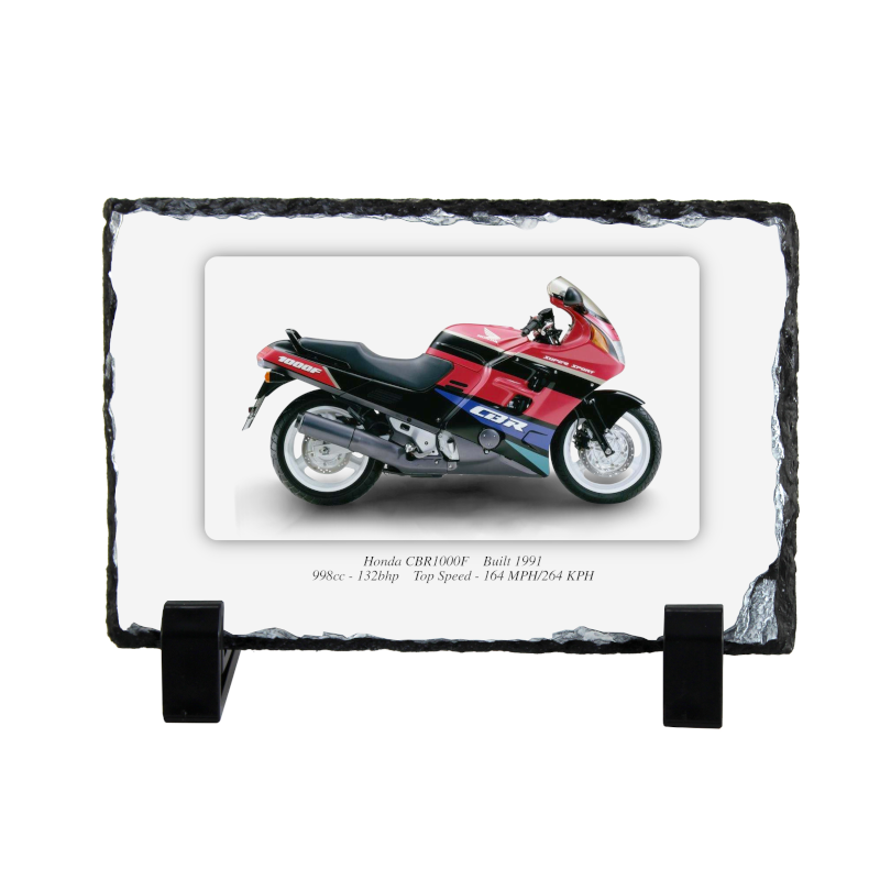 Honda CBR1000F Motorcycle on a Natural slate rock with stand 10x15cm