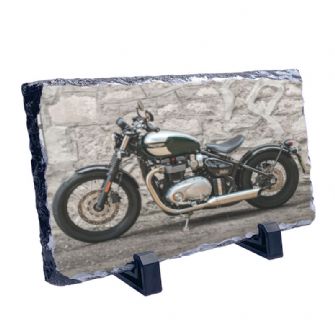 Triumph Bobber Motorcycle on a Natural slate rock with stand 10x15cm