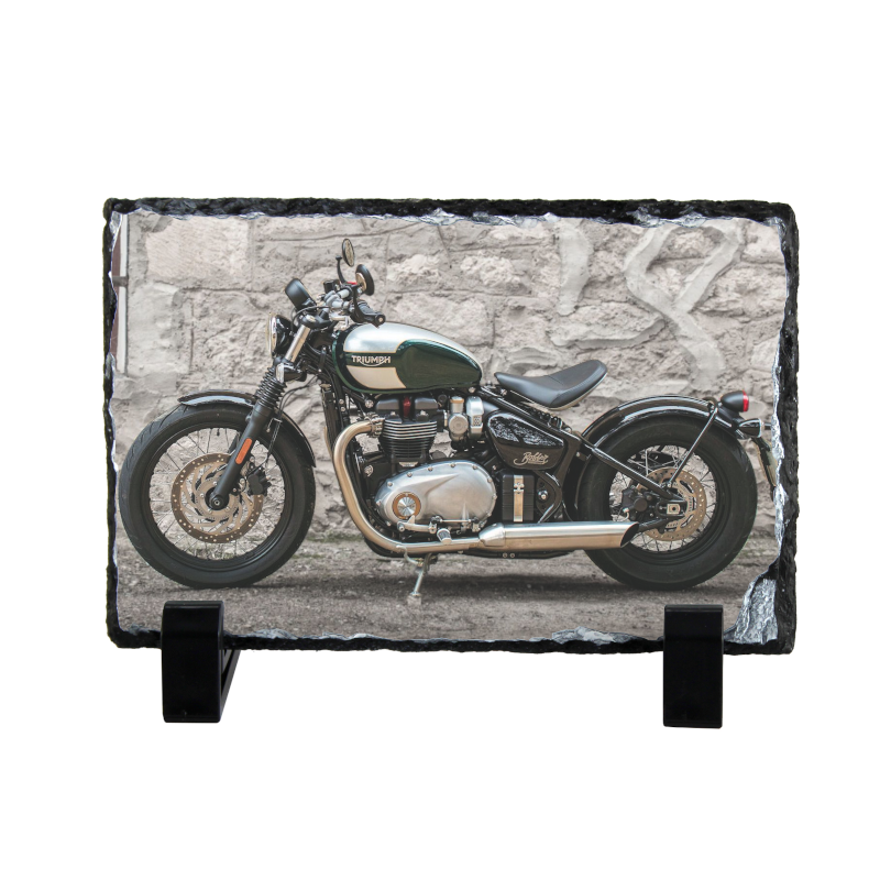 Triumph Bobber Motorcycle on a Natural slate rock with stand 10x15cm