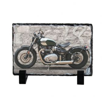 Triumph Bobber Motorcycle on a Natural slate rock with stand 10x15cm